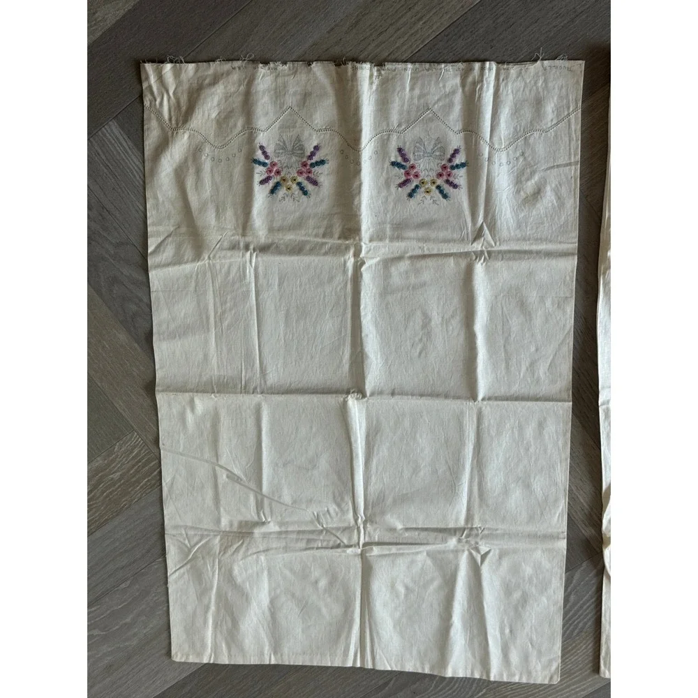 Vintage Pillowcase Pair Hand Embroidered Floral Bow White Linens Grandmacore